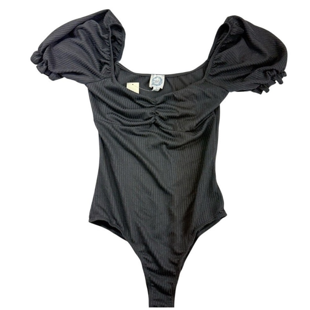 Y2K Blue Rain Ribbed Bodysuit Ruffle Sleeve Black S Ruched Sweetheart Boho NWT